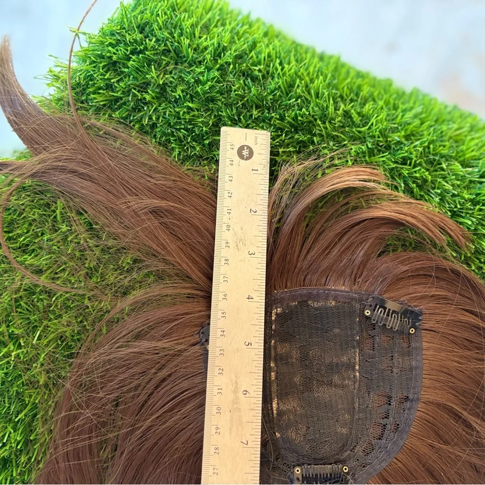 HUMAN HAIR TOPPER WIG LONG STRAIGHT BROWN CLIP IN GUC BANGS